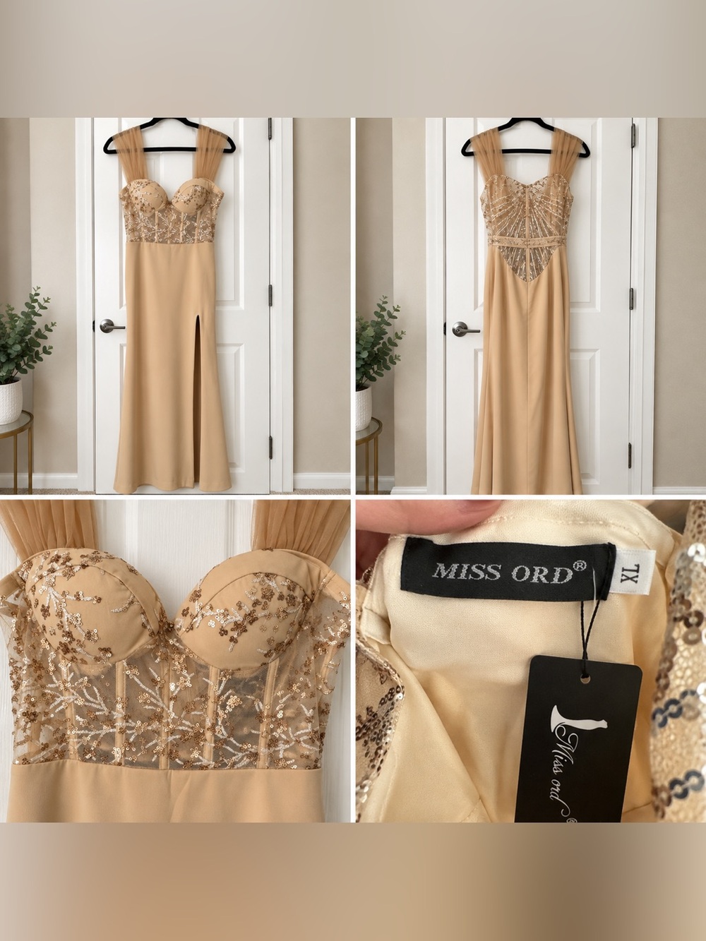 Miss Ord Champagne Sequin Embellished Bodysuit Top